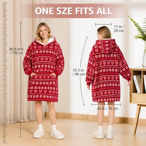 Wearable Blanket Hoodie for Adults - Fleece-Lined Cozy Oversized Wrap with Hood - Red Christmas Variation