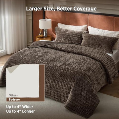Bedsure Velvet Quilt Set King Size - Brown Luxury Bedspread with Pillow Shams