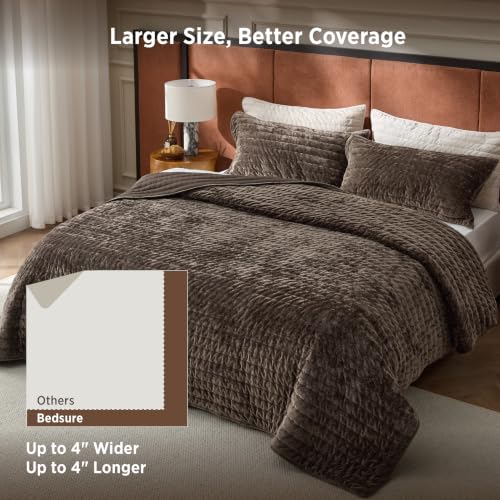 Oversized King Velvet Comforter - Brown Quilt 120x120 Inches - Luxury Bedspread