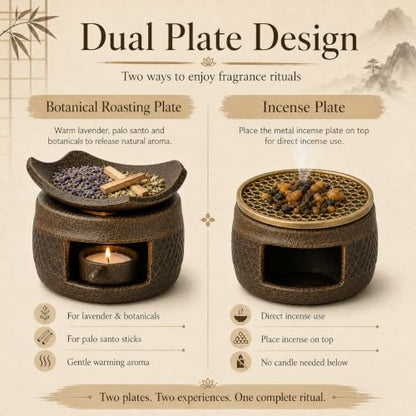 Brown Ceramic Aromatherapy Burner with Incense & Herb Plate - Zen Home Decor