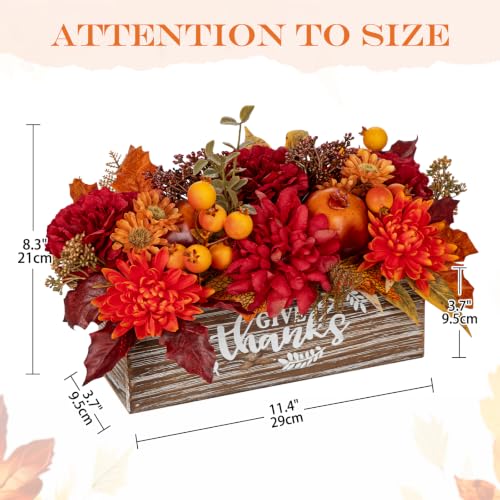 Fall Floral Centerpiece with Rustic Wooden Planter for Thanksgiving & Holiday Decor