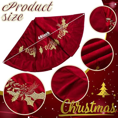 Christmas Tree Skirt Red 48 Inch Velvet with Gold Holly Embroidery - Variation of THIS listing