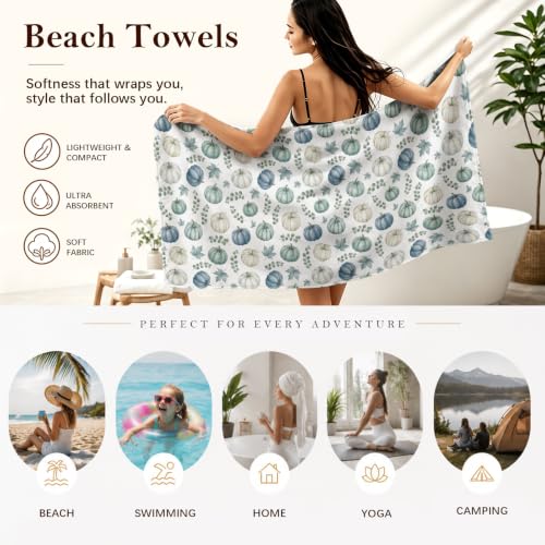 Blue Pumpkin Beach Towel 30x60 Inch - Rustic Green & Blue Fall Design