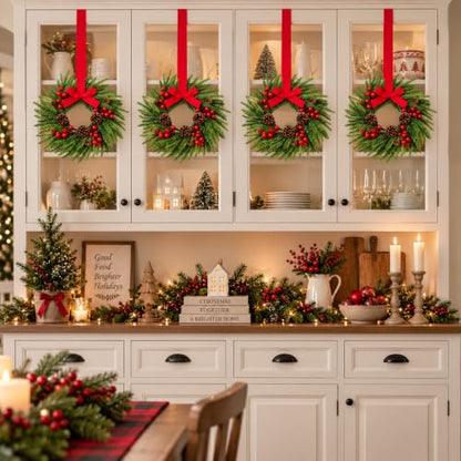 4 Pcs Mini Christmas Wreath 15 Inch with Red Ribbon - Farmhouse Holiday Decor