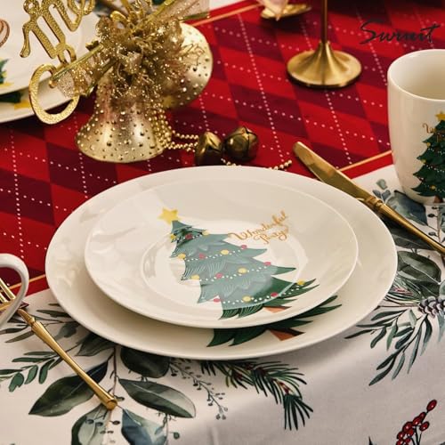 Christmas Plates Set of 6 - 8 Inch Bone China Holiday Tree Dessert Plates - Microwave & Dishwasher Safe - Gift for Family