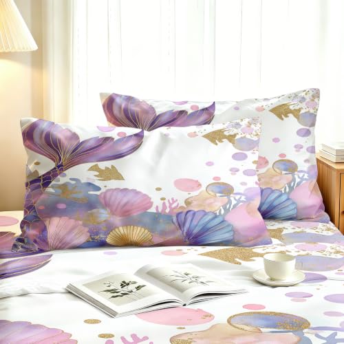 White Gold Mermaid Queen Bedding Set - 4 Piece Underwater Girl Sheet Set