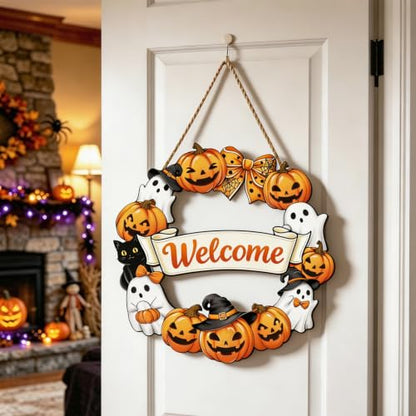 Halloween Wreath Door Decor with Pumpkin and Ghost - Fall Front Door Hanging