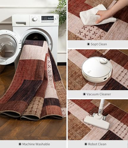 Brown 2x8 Hallway Runner Rug Non Slip Geometric Patchwork Carpet for Entryway