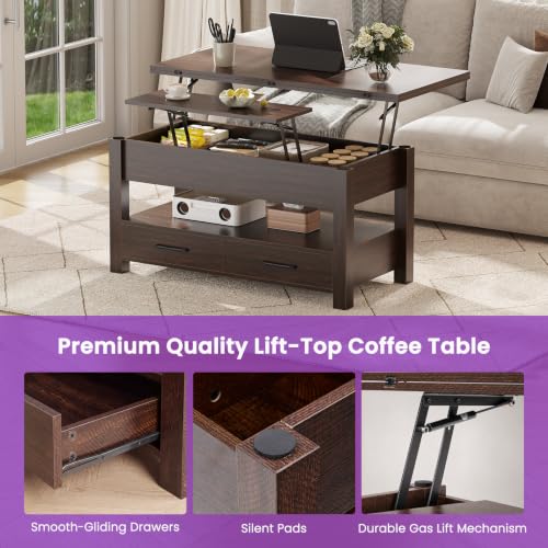 DUMOS 39.4-Inch Convertible Lift Top Coffee Table - Brown, 4-in-1 Multi-Functional Design