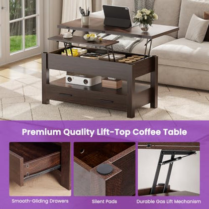 DUMOS 39.4-Inch Convertible Lift Top Coffee Table - Brown, 4-in-1 Multi-Functional Design