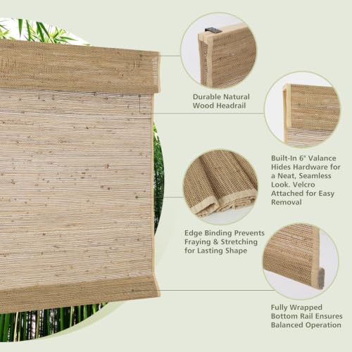 Natural Khaki Cordless Woven Wood Blinds - Blackout Bamboo Roman Shades