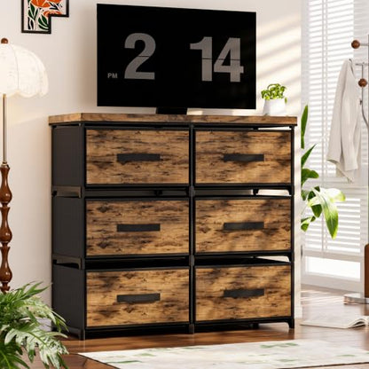 Dresser 6 Fabric Large Drawer Stand with Leather Top - Brown Variation