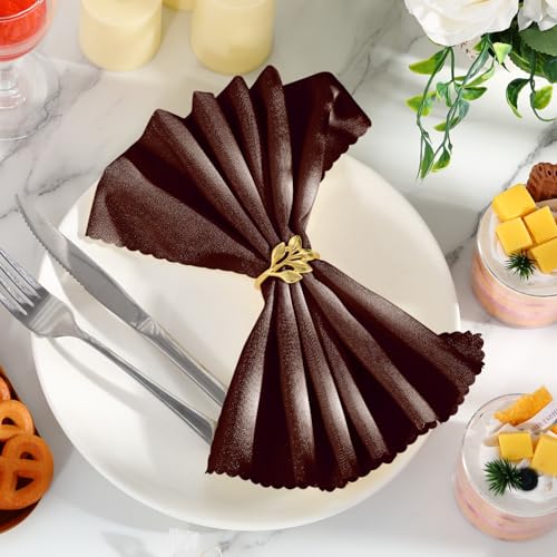 Chocolate Brown Cloth Napkin Set with Gold Ring Holders - 12 Pack, 17x17 Inches, Washable Table Decor for Weddings & Holidays