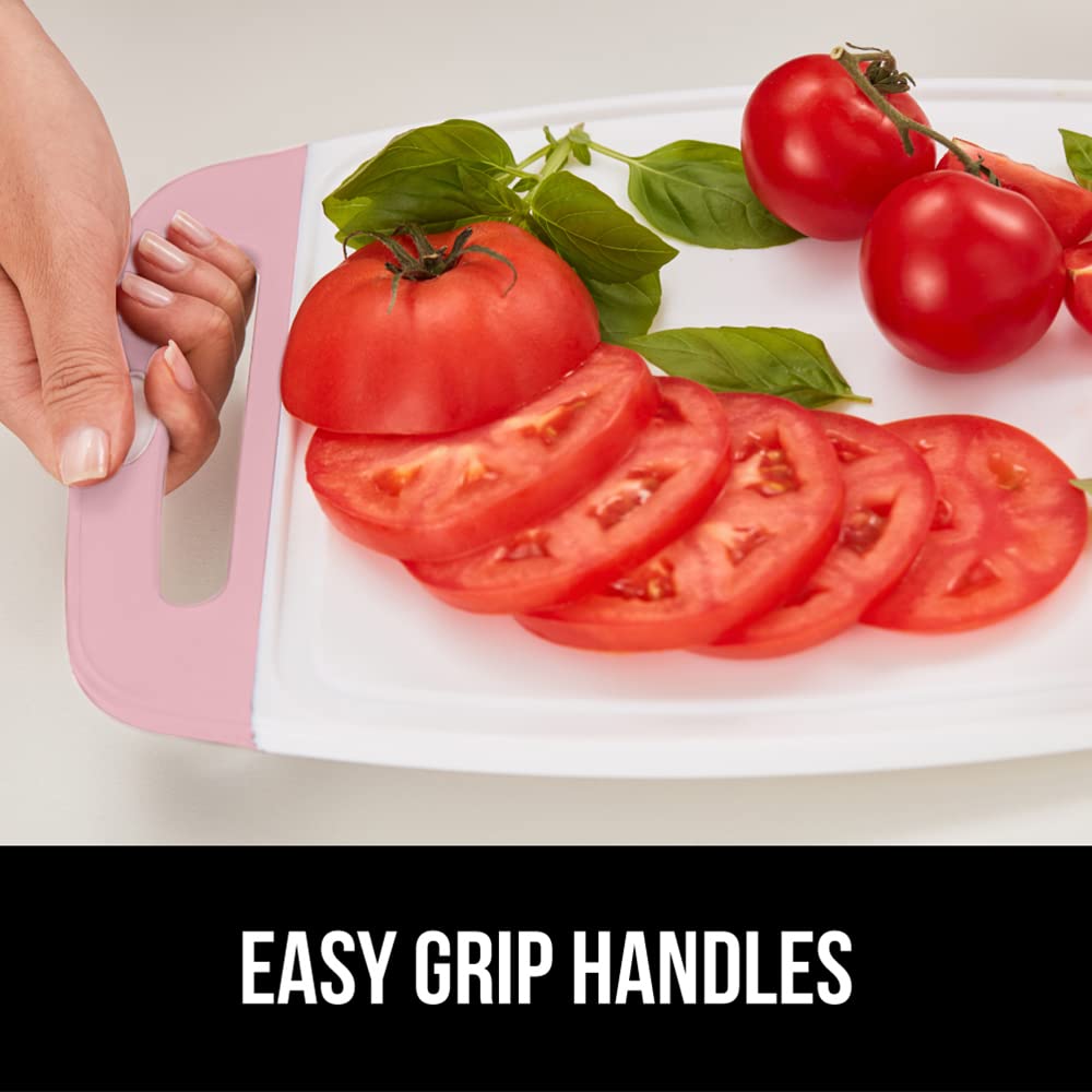 The Original Gorilla Grip Oversized 100% BPA Free Reversible Durable Kitchen Cutting Board Set of 3, Juice Grooves, Dishwasher Safe, Easy Grip Handle Border, Food Chopping Boards, Cooking, White Pink