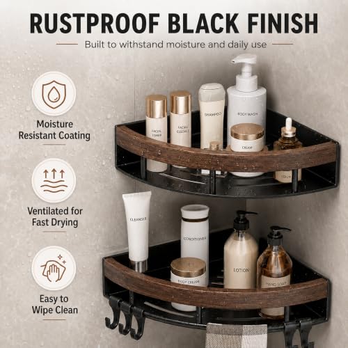 Corner Shower Shelf Walnut Wood & Stainless Steel Caddy - No-Drill Wall Mount