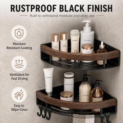 Corner Shower Shelf Walnut Wood & Stainless Steel Caddy - No-Drill Wall Mount
