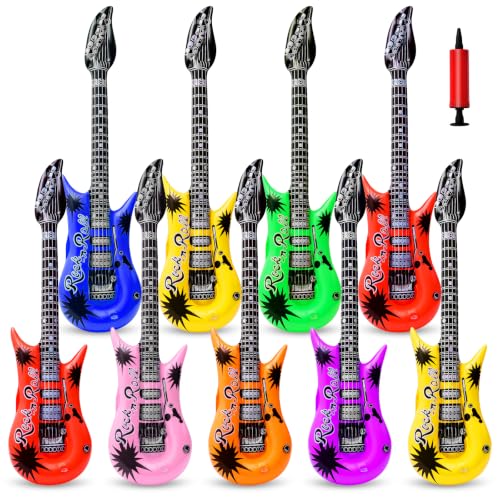 Inflatable Guitar Party Props Set - 9 Bright Color Blow Up Guitars with Pump