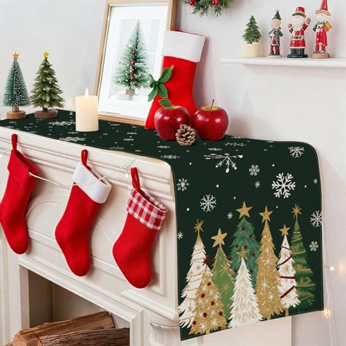 Snowflakes and Christmas Tree Table Runner - Green, 13x90 Inch Holiday Decor