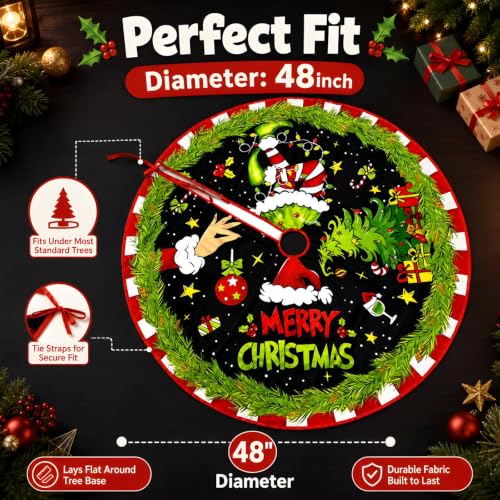 Christmas Tree Skirt Decoration 48 Inch Green Holiday Tree Cover - Hand