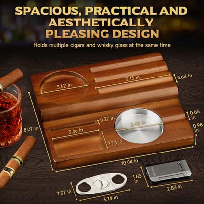 Brown Wooden Cigar Ashtray Set with Lighter Cutter & Accessories - Indoor Outdoor