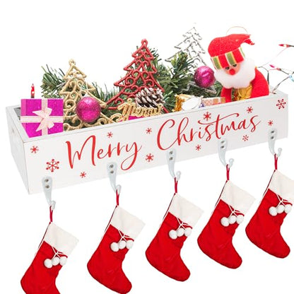 Christmas Stocking Holders with Wooden Box & 5 Hooks - Snowflake White
