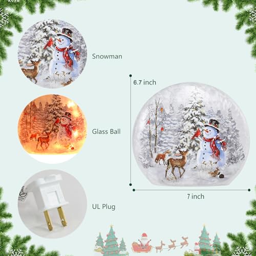 Lighted Christmas Snowman Lamp with Deer & Cardinal - Hand Painted Glass Holiday Decor