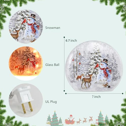 Lighted Christmas Snowman Lamp with Deer & Cardinal - Hand Painted Glass Holiday Decor