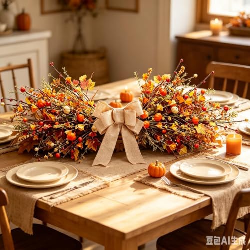 Fall Maple Leaf Pumpkin Berry Wreath with Burlap Bow for Front Door - Autumn Swag - Variation of This Listing: Mini Pumpkin