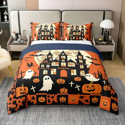 Halloween Haunted House Duvet Cover Set - King Size Cotton Bedding with Ghost Design, Orange Black Variation
