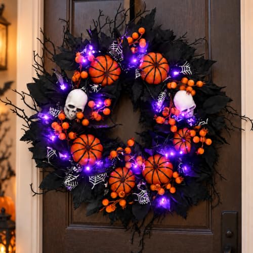 20-Inch Halloween Wreath with Purple LED Lights for Front Door - Spooky Outdoor Decor
