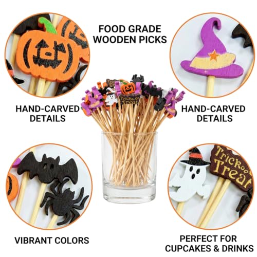 Halloween Cocktail Picks Set 100pcs Pumpkin Ghost Bat Party Toothpicks - Spooky Decorations