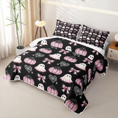 Happy Halloween Quilt Set with Ghost & Pumpkin Pattern – Black Pink Queen Size, 3 Pieces