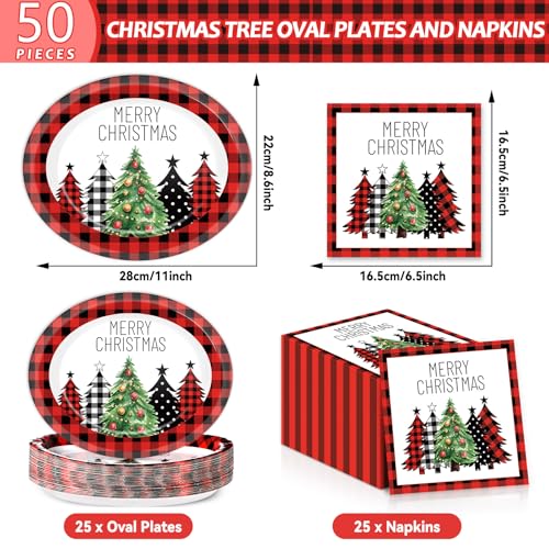 Christmas Buffalo Plaid Tree Paper Plates & Napkins Set - 25 11-Inch Red Black Checkered Party Supplies