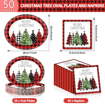 Christmas Buffalo Plaid Tree Paper Plates & Napkins Set - 25 11-Inch Red Black Checkered Party Supplies
