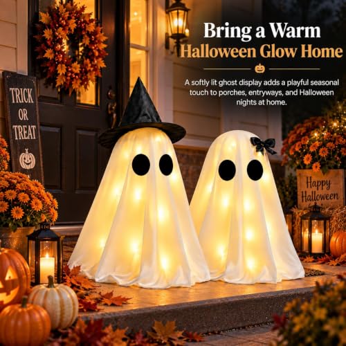 Halloween Light Up Ghosts Decoration Set - Indoor Spooky Tabletop Decor with String Lights