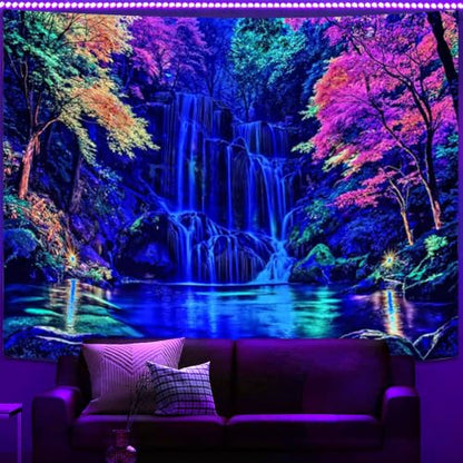 Blacklight Waterfall Forest Tapestry 48 x 36 Inch - Purple Blue Variation