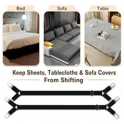 Black Adjustable Sheet Straps - Fitted Sheet Clips for Bed Sheets - 4 Pack