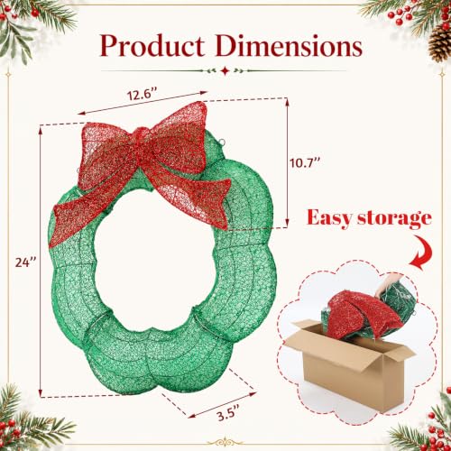 24 Inch Pre-lit Christmas Wreath Outdoor Metal with Red & Green LED Lights - Baquler