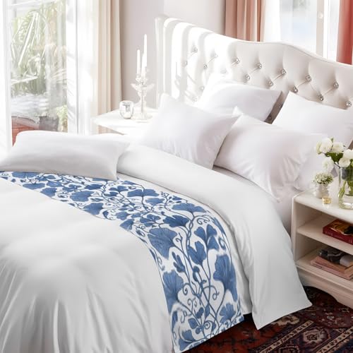 Blue Ginkgo Leaf Bed Runner Cal King Size Farmhouse Botanical Table & Bed Decor - 102x20