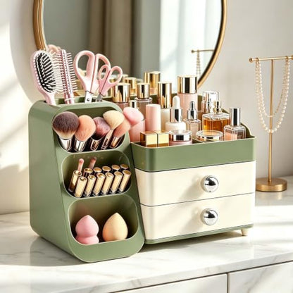 Large Capacity Makeup Organizer with Brush Holder - Green