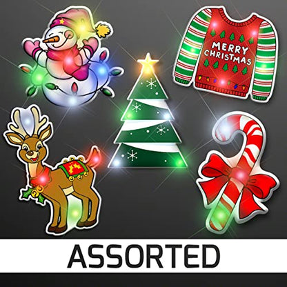 Christmas LED Light Up Lapel Pins Set of 5 - Snowman, Tree, Reindeer, Candy Cane