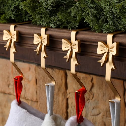 Christmas Stocking Holders Brass Bow Set - 6 Pcs Vintage Mantle Hooks
