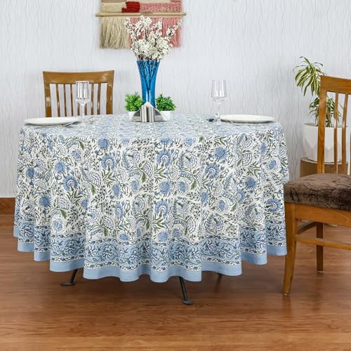 Smalt Blue 72-Inch Round Hand Block Printed Cotton Tablecloth - Floral Home Decor