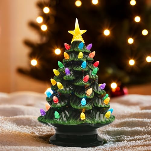 Green Ceramic Christmas Tree with Lights for Tabletop Holiday Decor - 6 Inches
