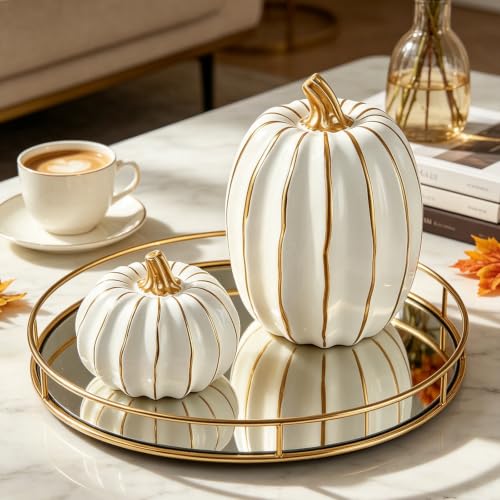 White Pumpkin Decor Set - 2 Resin Fall Pumpkins with Gold Accents