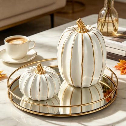 White Pumpkin Decor Set - 2 Resin Fall Pumpkins with Gold Accents