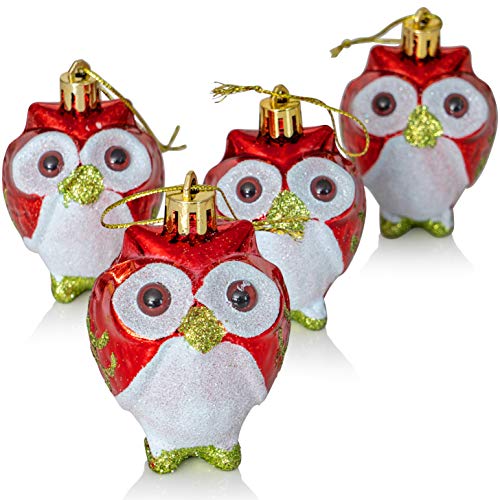 Christmas Owl Ornaments Set - Glitter Animal Tree Decorations, 3 Inches