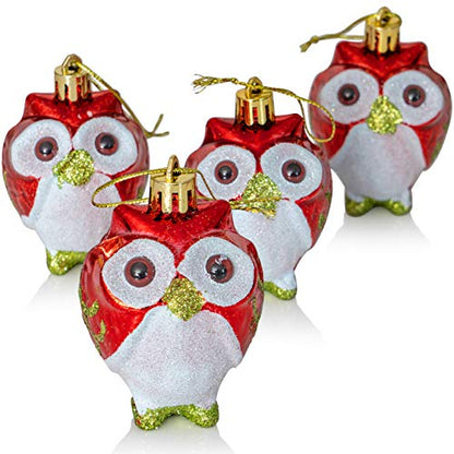 Christmas Owl Ornaments Set - Glitter Animal Tree Decorations, 3 Inches