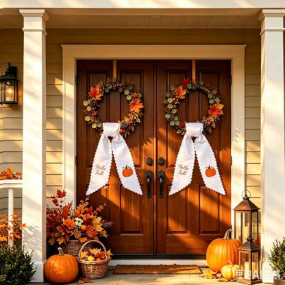 Fall Wreath Sash with Embroidered Pumpkin and Hello Fall Banner - 55.1" x 4.7"