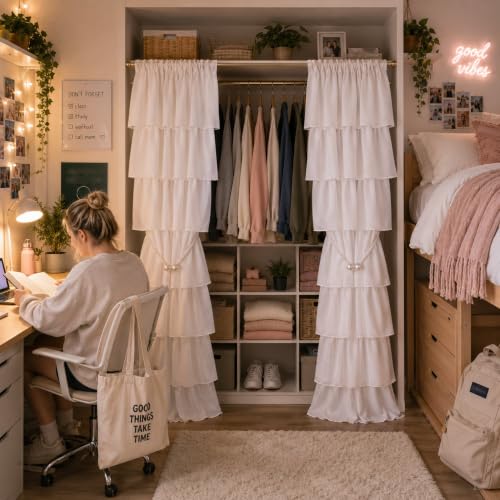 Ruffled Closet Curtain Panel Set - 42 x 80 Inches for Open Closet, Dorm Room